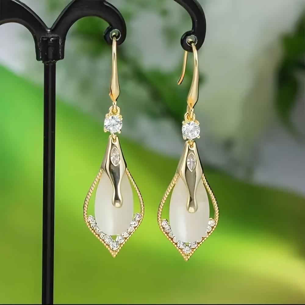 High Class Geometry Rhombus Cat's Eye Stone Exquisite Pendant Earrings for Women Jewelry Party Wedding Gifts