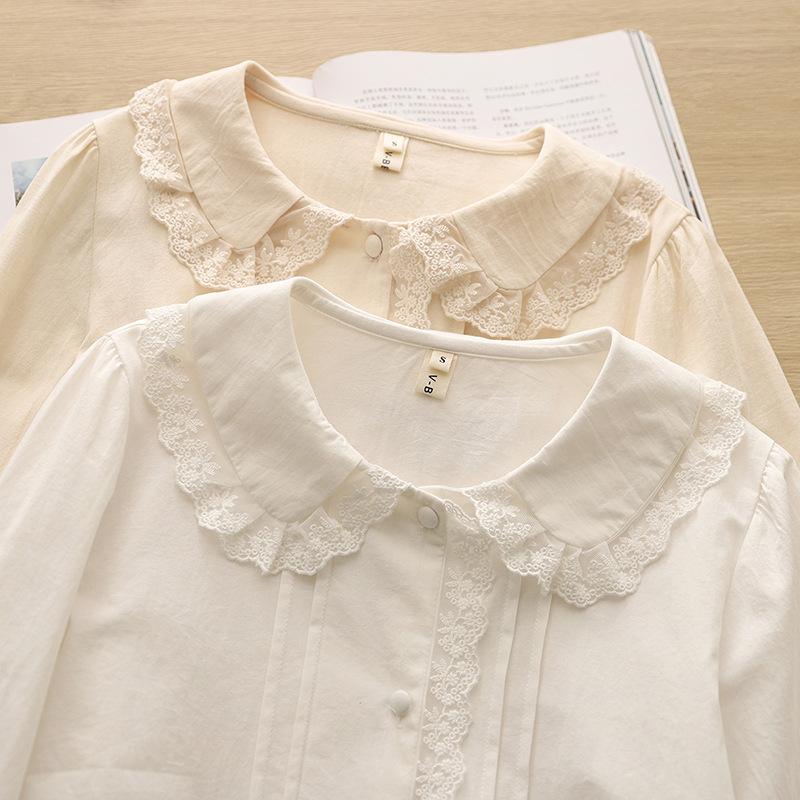 Literární sladký krajkový límec Akademie Styl Dlouhý rukáv Jednobarevná vnitřní bílá košile Dámská