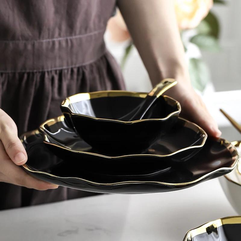 Nordic Golden Stroke Ceramic Plate Light Luxury Black White Pasta Steak Dinner Plates Dessert Dishes Soup Bowls Home Tableware