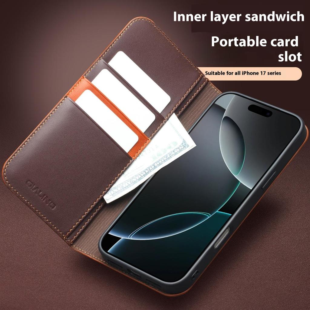 QIALINO For iPhone 17 Air Case Wallet Flip Stand Phone Cover Genuine Cow Leather