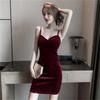 Spring New Spice Girl Sexy Low-cut Night Dress Slim and Thin Short Hip-wrapped Velvet Suspender Dress
