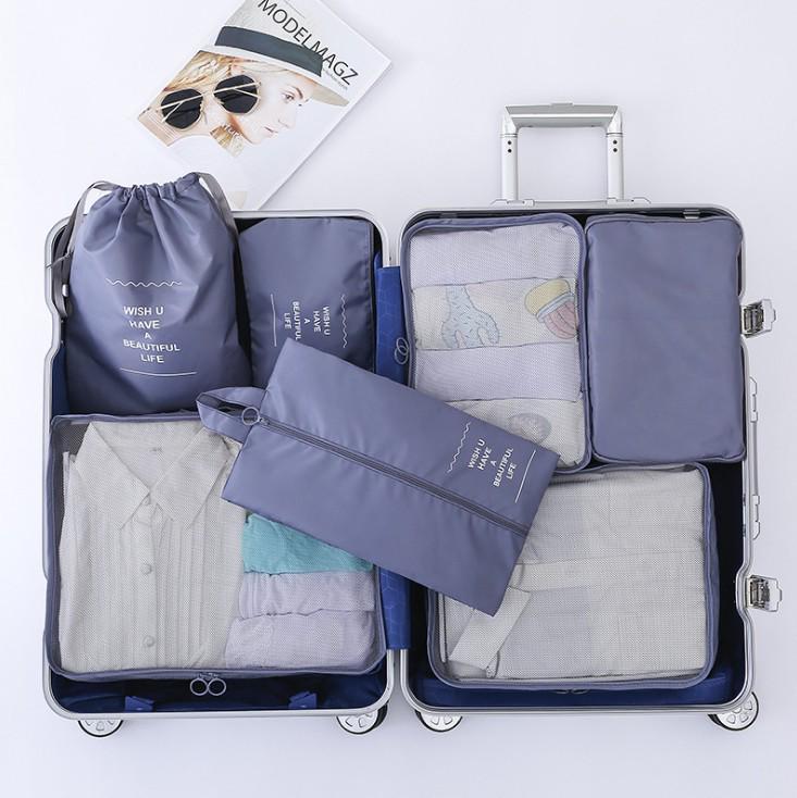 Eight-Piece Travel Organizer Set: Storage Bags & Makeup Bag for Clothes and Accessories.