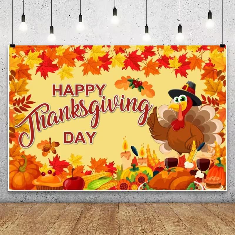 

2D Autumn Harvest Party Backdrop, Happy Thanksgiving with Turkey & Leaves Banner for Family Dinner & Photo Booth 47.2x31.5inch/120*80cm