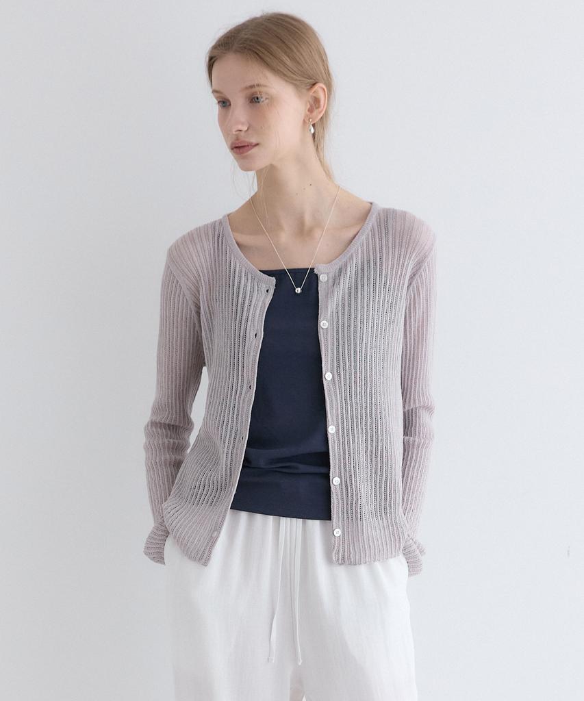 OURHOPE Linen Round Neck Ribbed Cardigan - Melange Grey