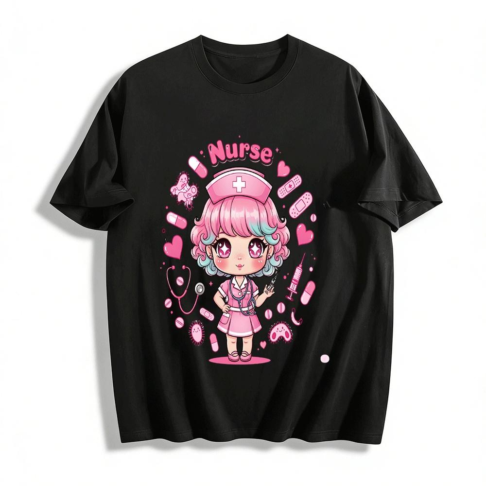 Cute Pink Style Nurse Cartoon Print Casual Top Pure cotton T-shirt XXS
