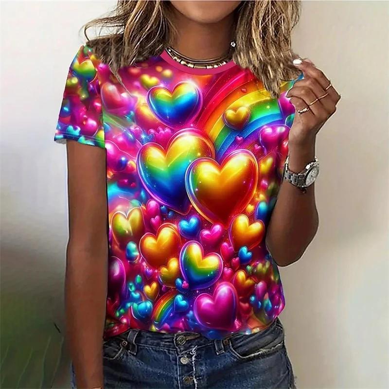 3D Bunter Liebesherz-Druck T-Shirt Hübsche Damenbekleidung Damenmode Lässiges T-Shirt Mädchen Übergroße Kurzarm-Tops Tees