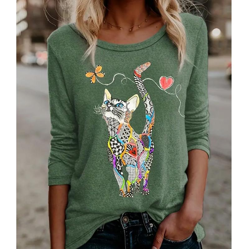 2025 Autumn & Winter Women's New Casual Crew Neck Long Sleeve Top 3D Cat Pattern
