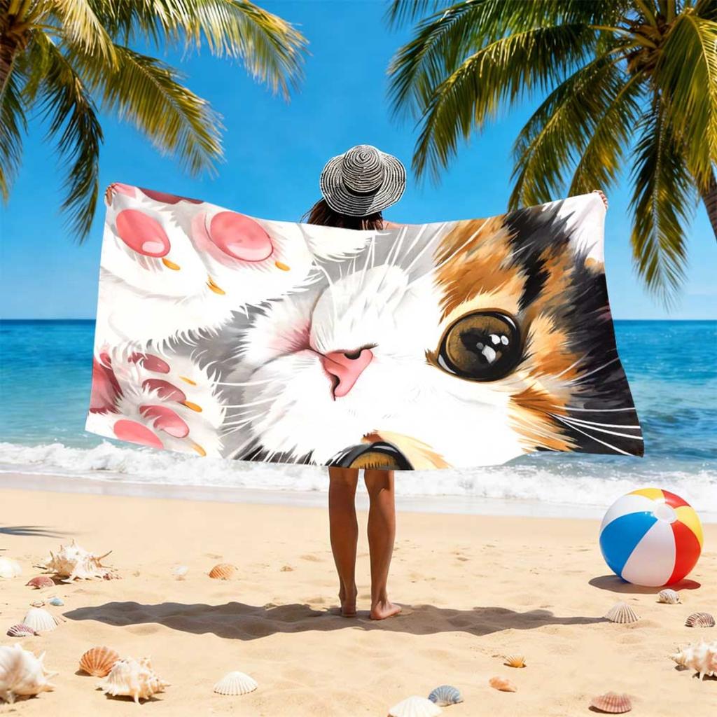 Calico Cat 2D Flat Printed Beach Towel 1Pc Microfiber Sandproof Waterproof Seaside Holiday Sunbathing Mat