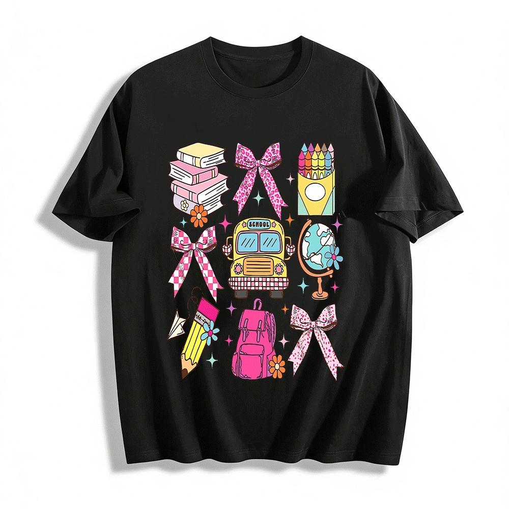 Back To School Bus Stationery Print Casual Top Pure cotton T-shirt XXS