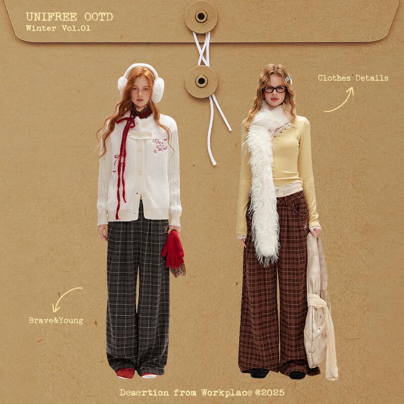 unifree Brushed Plaid Faux Two-Piece Straight-Leg Trousers