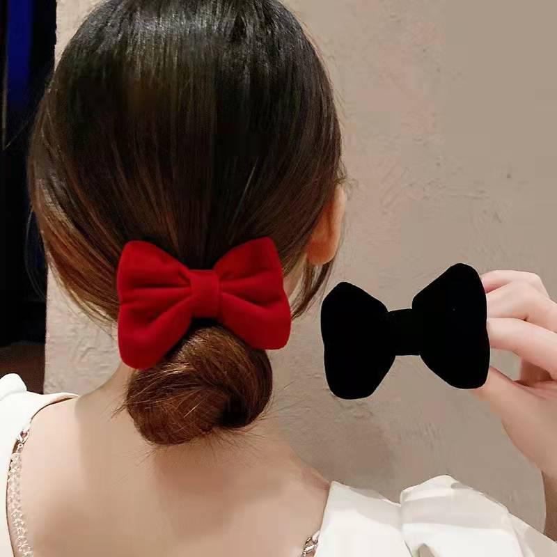 Elegant French Red and Black Velvet Bow Hairpin for Women