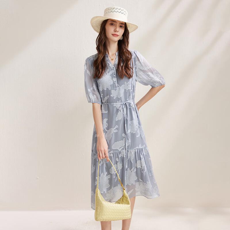 Zhaojun Women's Mulberry Silk Pleated Jacquard Half-Sleeve Dress