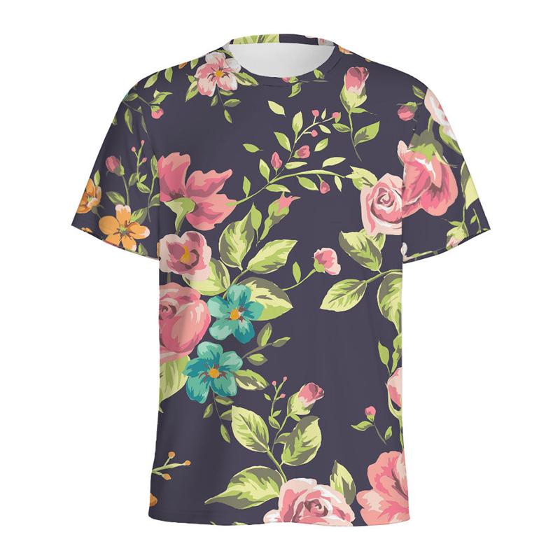 Summer Round Neck 3D Vintage Rose Flower Graphic Print Top Fashionable Casual Short Sleeved Men's T-shirts