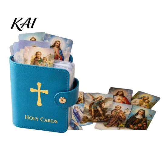 Compact Religious Card Organizer Holy Holder, Faux Leather Prayer Book with Snap Closure, Pocket Group Accessory 54 Cards for Memorial Cards, Holds Up