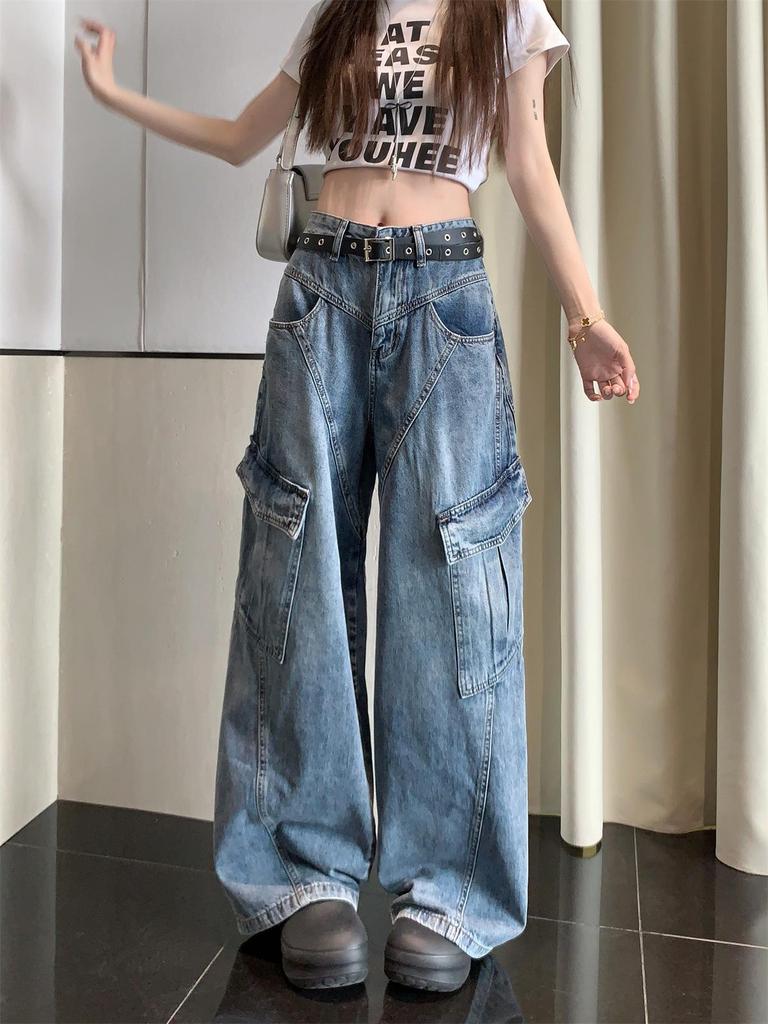 Summer 2025 Women's Retro Patchwork Wide-Leg High-Waisted Cargo Jeans