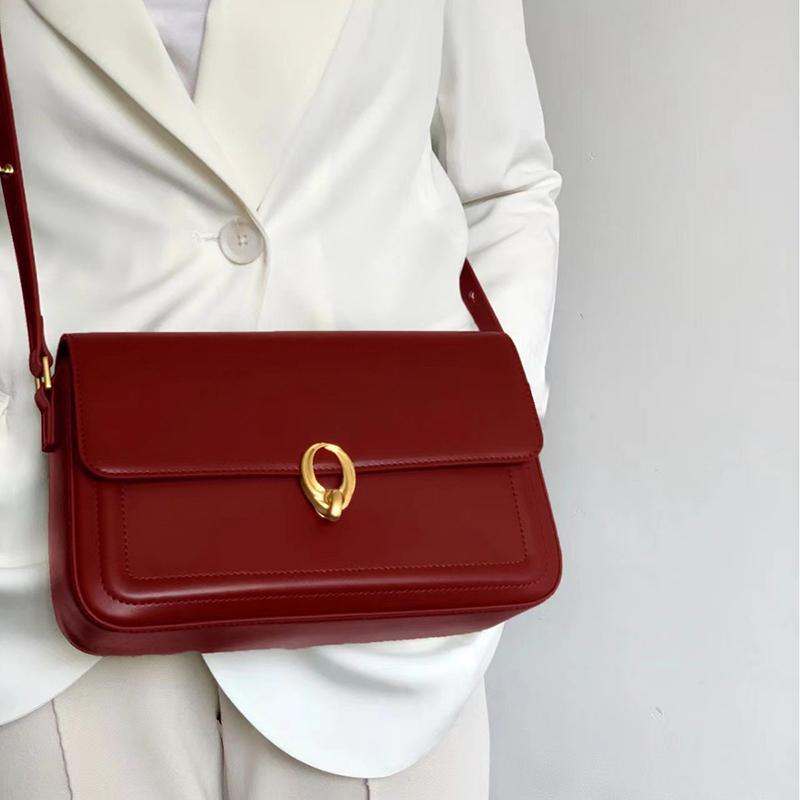 Geantă Retro pentru Femei, Nouă, Textură High-end, de Nișă, sub Braț, Piele PU cu Clapetă, Roșie, Geantă Pătrată Crossbody pe Umăr CLE