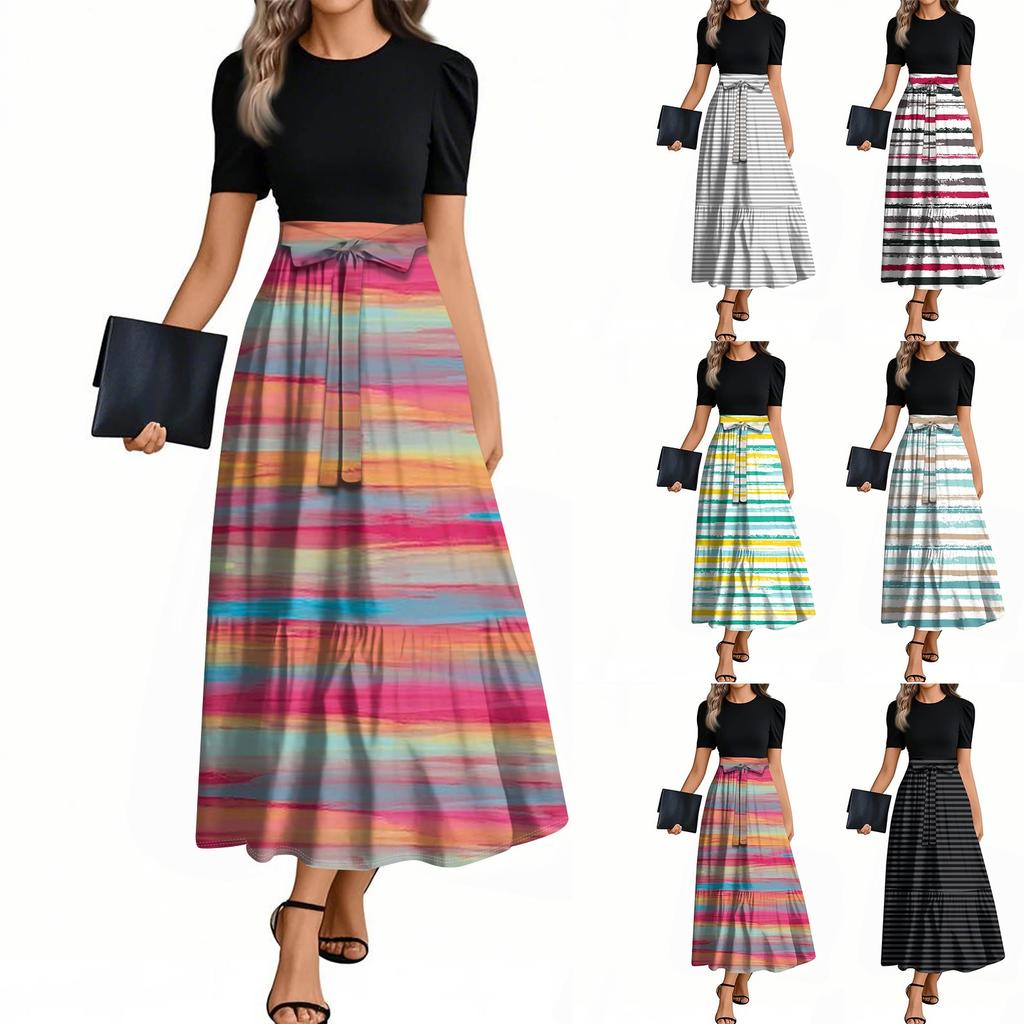 Women's Fashion Casual Belted Short Sleeve Round Neck Geometric Splicing Elegant Temperament Dresses
