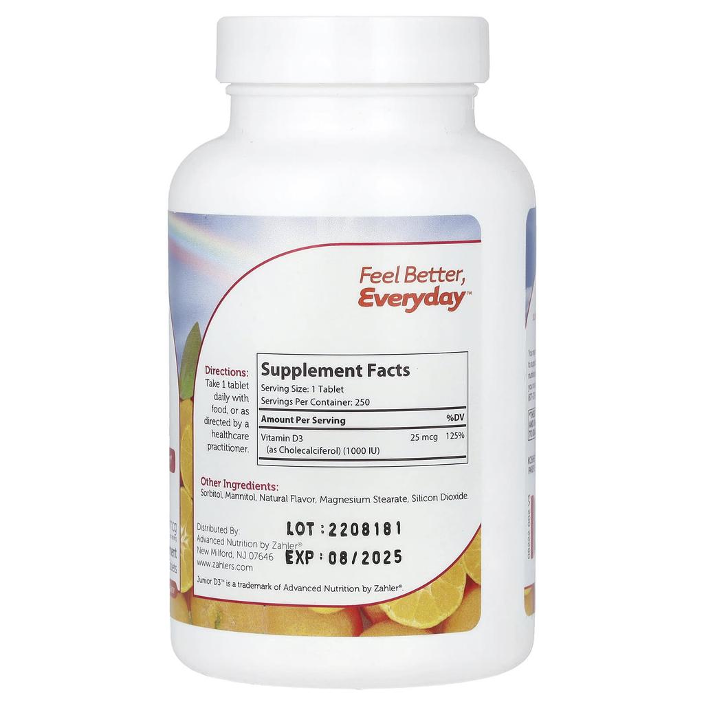 Junia D3, Advanced Vitamin D3 Formula, Orange, 25Mcg (1,000Iu), Chewable 250 Tablets