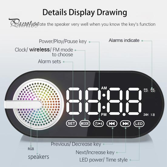 Trådløs Bluetooth-kompatibel høyttaler liten vekkerklokke Energisparende modus LED-skjerm Trådløs musikkhøyttaler med doble alarmer