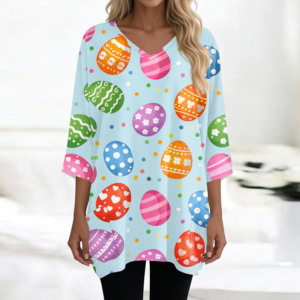 Womens Tops V-neck 3/4 Sleeve Blouses Casual Mid-length Shirts Fashion Print Tunic Tops With Pockets