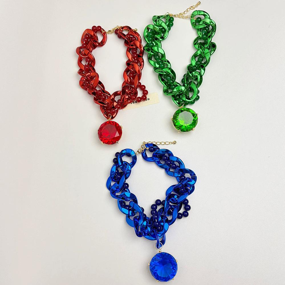 Colorful Acrylic Beaded Thick Chain Necklace For Women Retro Large Gemstone Pendant Collarbone Chain Neck Chain Fashion Jewelry
