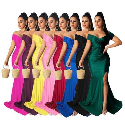 AL243 European & American Women's Sexy V-neck Evening Dress, Solid High Slit, Short Sleeve for Spring/Summer Nightclub Wear