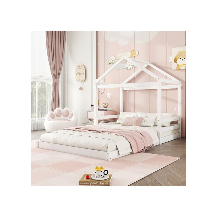Lit d'enfant - MUVOE - 140 x 200 cm - Bois de pin et MDF - Design en forme de maison - Sommier inclus