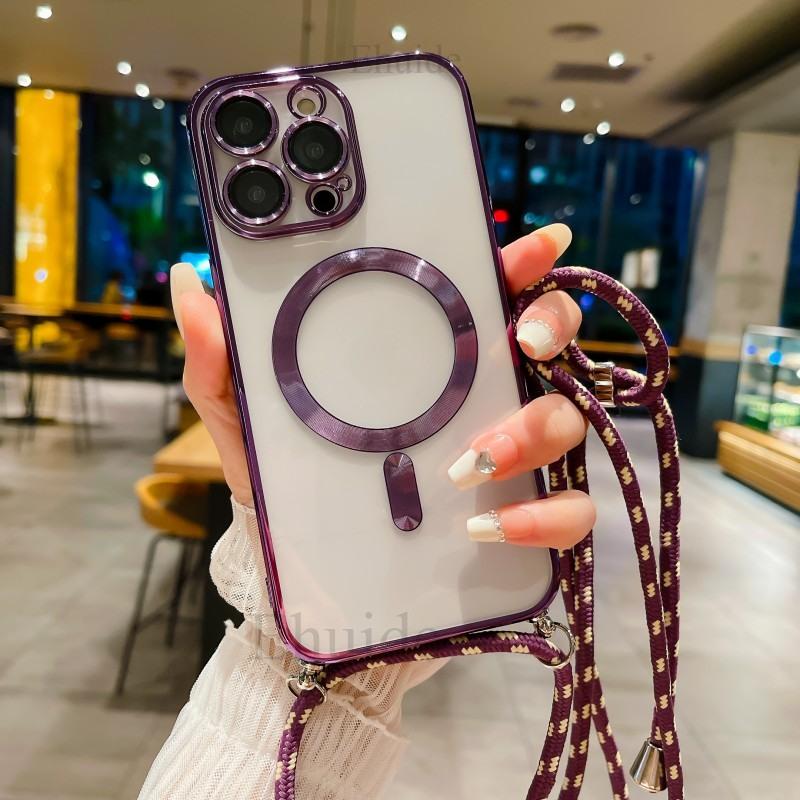 

Magnetic Case For iPhone 17 16 14 13 12 11 Pro X XS Max 15 Plus Magsafe Transparent Plating Strap Crossbody Lanyard Neck Cover for iPhone 14 Pro