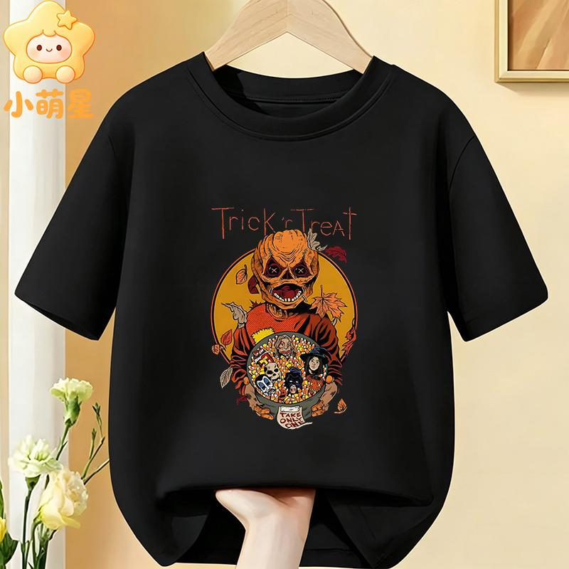 Halloween Vintage Trick or Treat Scarecrow Moon Bat Printed Kids Tee Cotton O‑Neck Short Sleeve Fashion Children Clothing Tops