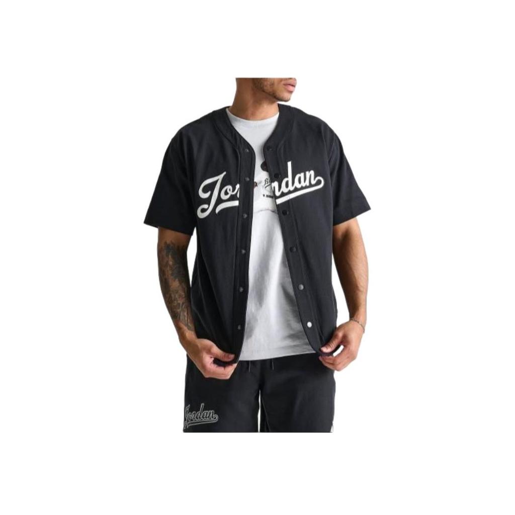 Jordan Flight MVP V-Neck Single-Breasted Letter Print Short Sleeve Baseball Jersey Men Tops Black White FN4663-010