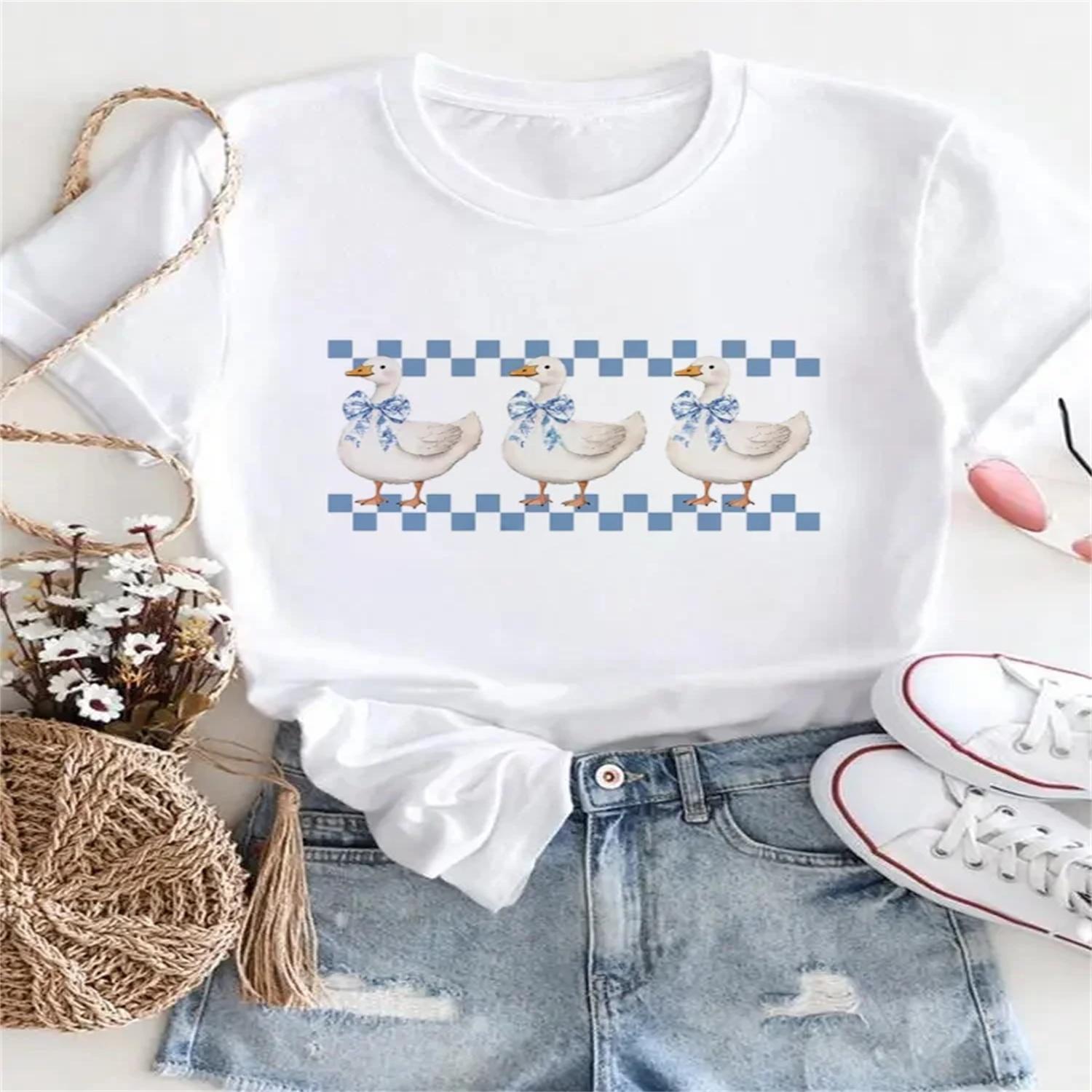 Casual Women s Printed O-Neck Cartoon Fun Cute Duck Pattern Short Sleeved Fashion 90s Top Short Sleeved Women s Trendy T-Shirt S
