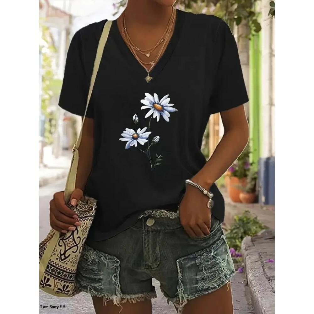 Summer Women's T-shirt Cat Pattern Printing V-neck Short-sleeved Loose Oversized Clothes
