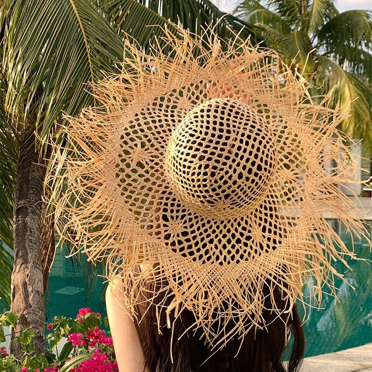 Summer Ins Hollow Big Brim Rough Rafi Straw Hat Women's Beach Hat Travel Seaside Vacation Sun Hat