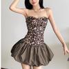 2025 Retro Leopard Print Spaghetti Strap Dress: Slim Fit, High Waist Puff Skirt Mini