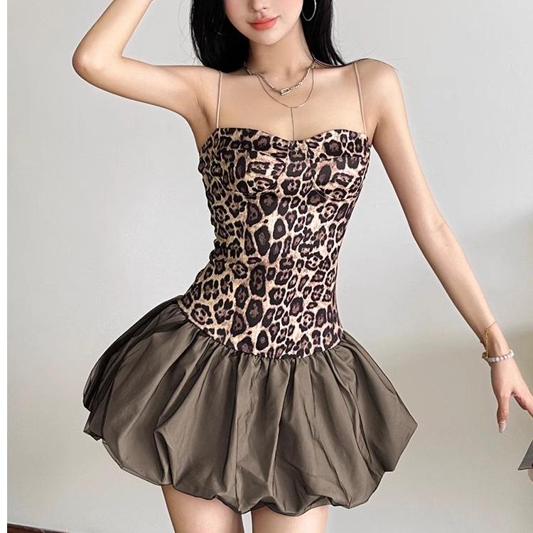 2025 Retro Leopard Print Spaghetti Strap Dress: Slim Fit, High Waist Puff Skirt Mini
