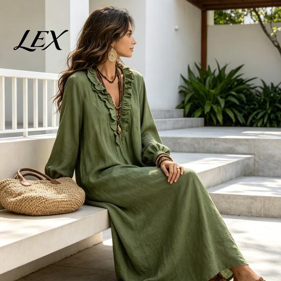 Loose Fit Midi Dresses Women Ruffle V Neck Long Dress, Casual Dress Solid Color Sleeves for Spring Autumn Soft Fabric
