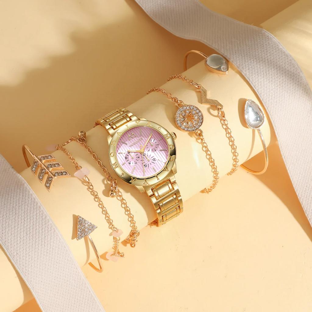 Fashion Light Luxury Trendy Round Dial Alloy Material Women's Quartz Watch Bracelet Set of 7, Suitable for Christmas and Thanksg