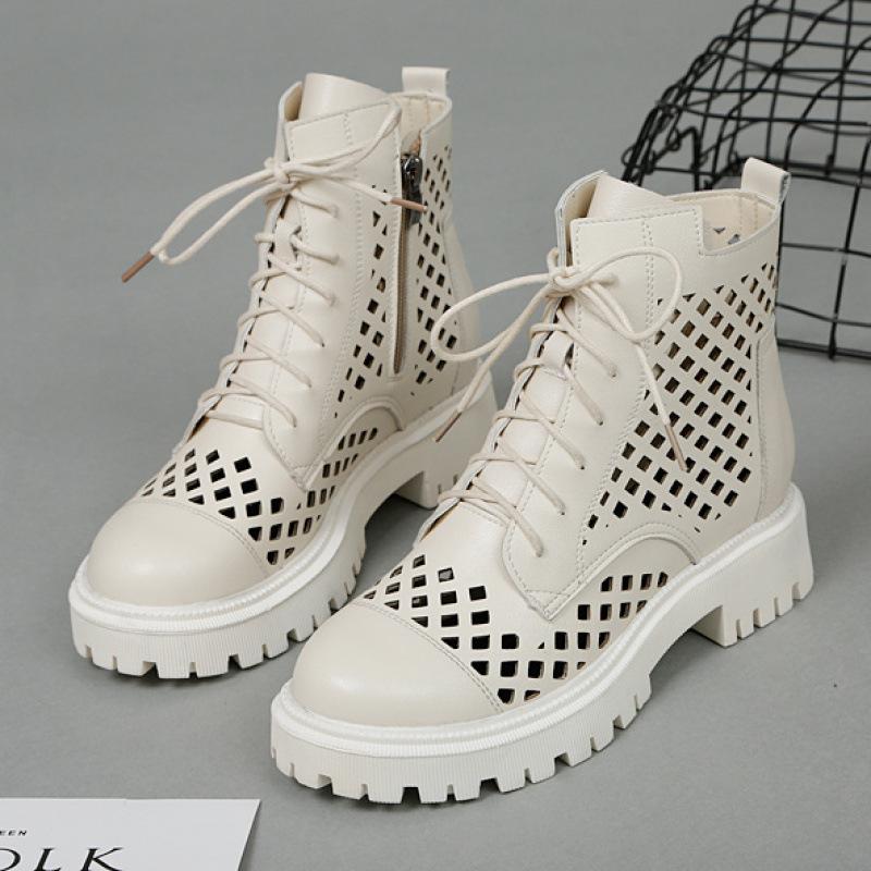 Leather hollow Martin boots women's sandals 2025 summer new women's shoes popular short boots breathable mesh hole shoes
