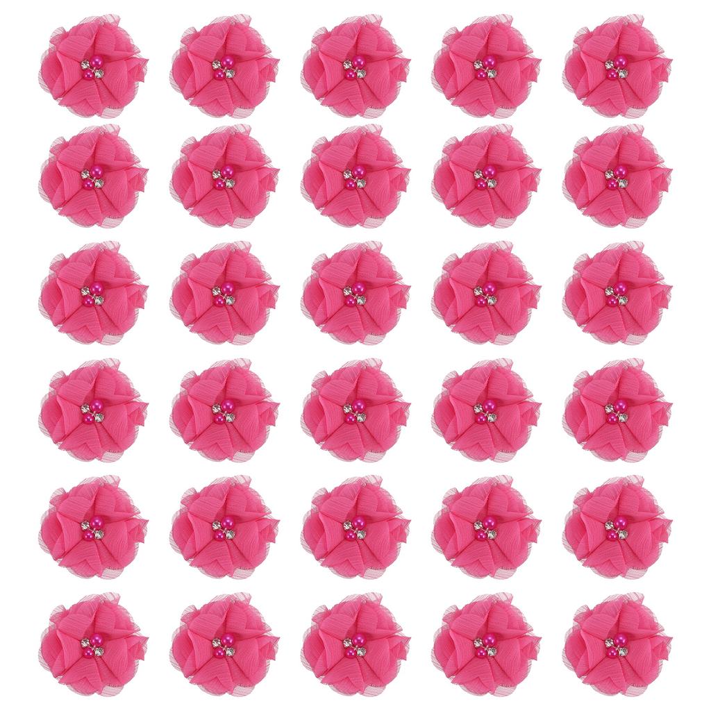 12/30pcs Chiffon Flowers Rhinestone Pearl Sewing Fabric Flowers Artificial Appliques Embellishment for Clothing Wedding Craft 2"
