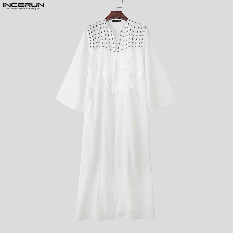 INCERUN Men Long Sleeve Open Front Tassel Rivet Patchwork Long Cardigan Tops