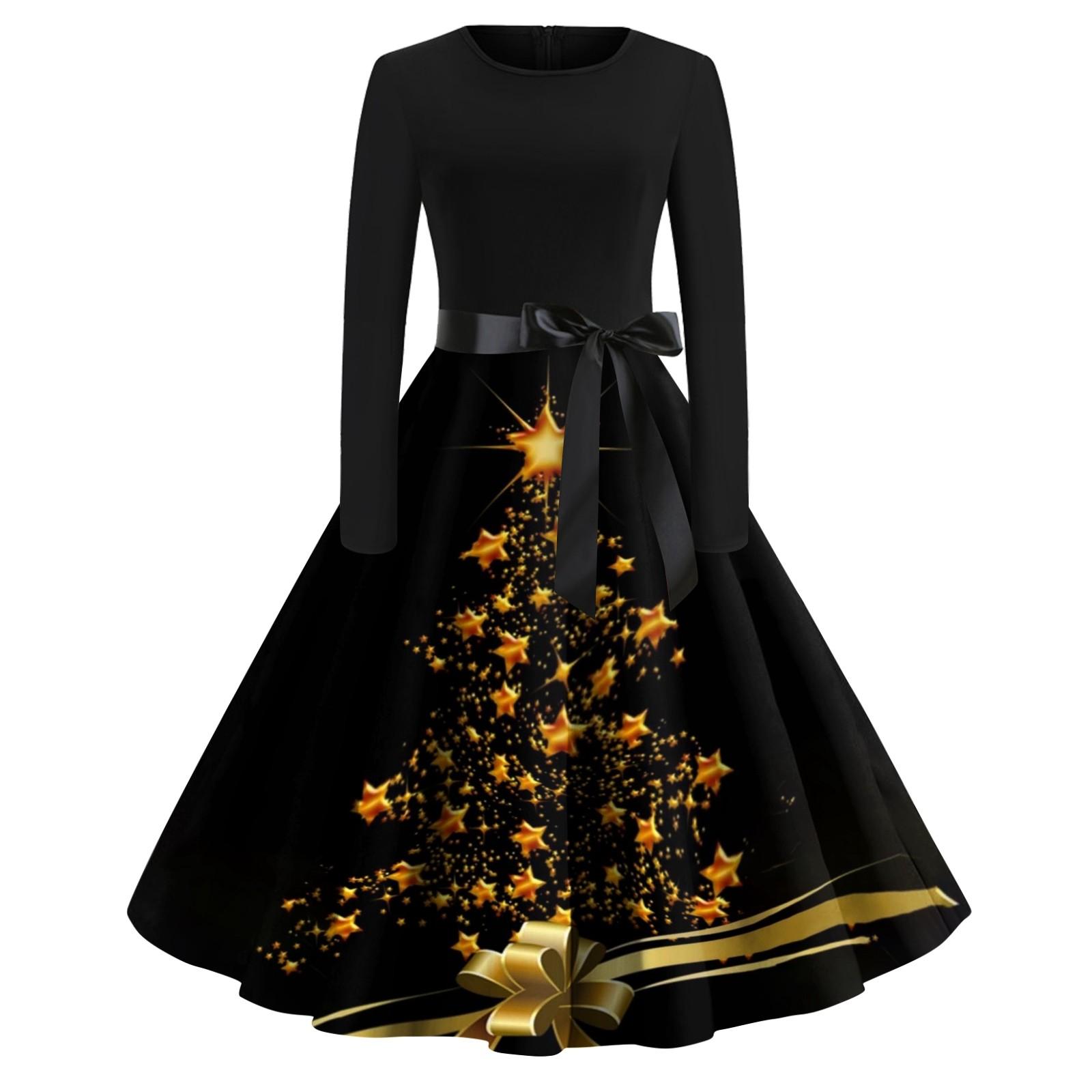 

Жіноча повсякденна модна вінтажна довга сукня з різдвяним принтом і круглим вирізом з довгим рукавом M