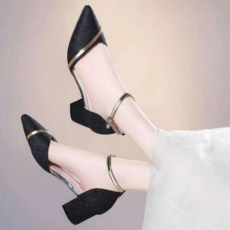 Border Trade High Heel Single Shoes Women's New Summer Baotou Hollow Thick Heel One-word Buckle High Heel Sandals Women