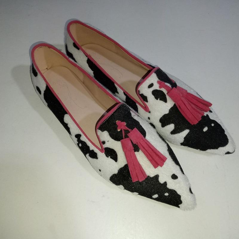 Seasonal new low-heeled pointed cow pattern fringed casual shoes