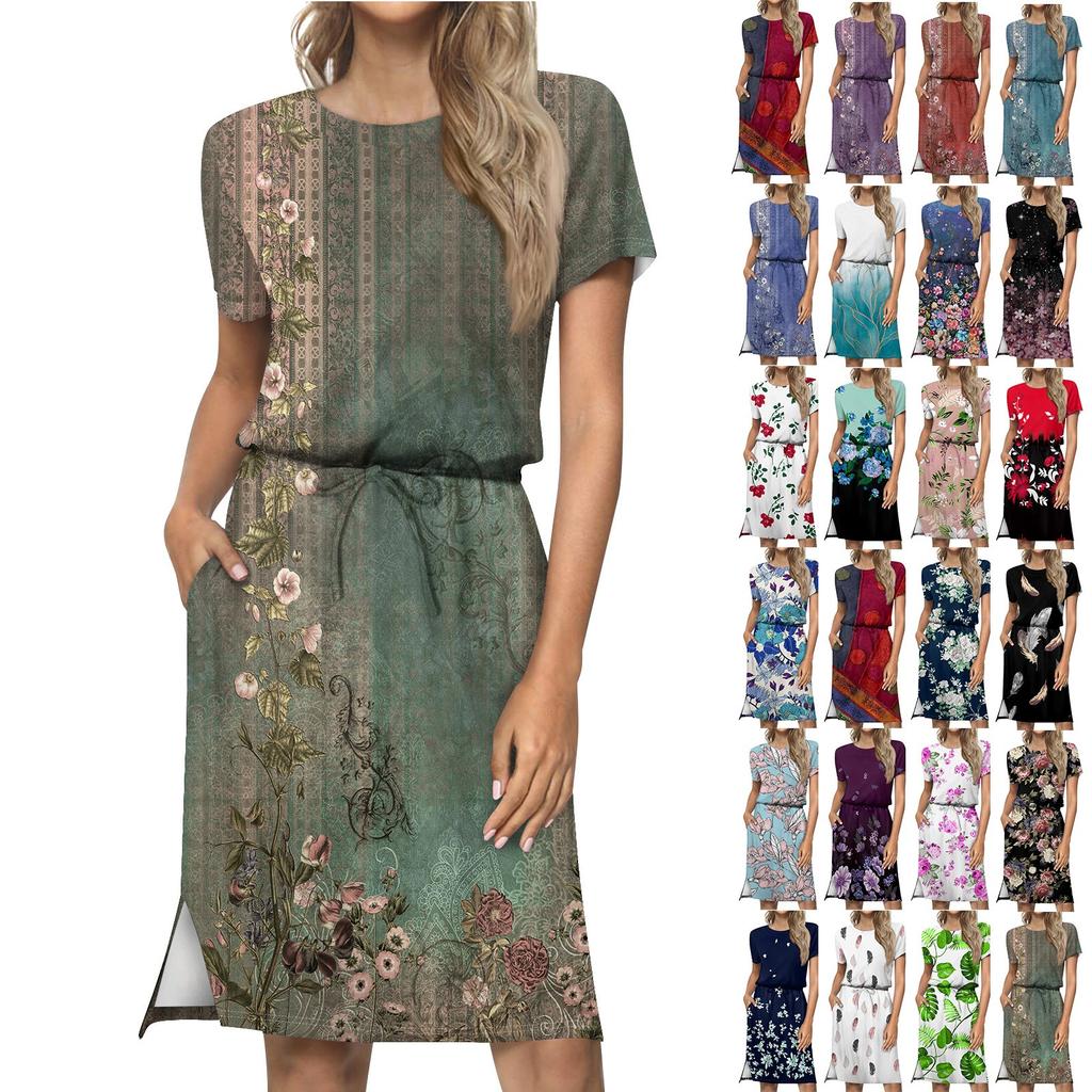 Modisches, lockeres, lässiges Kleid mit Aufdruck und kurzen Ärmeln und gebundenen Taschen für Damen