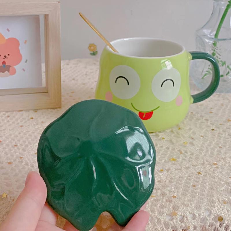 Kurbağa Kupa Seramik Lotus Yaprağı Kapaklı Kaşık, Yaratıcı Karikatür, Çocuk Sütü, Kahvaltı Kahve Kupası, İçecek Takımı Çay Kupası, 380ml