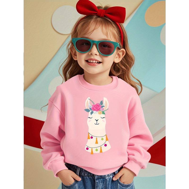 European Size Cute Alpaca Comfortable and Adorable Round Neck Sweatshirt, Featuring a Floral Alpaca Print - Casual Loose Pullover 110 розовый