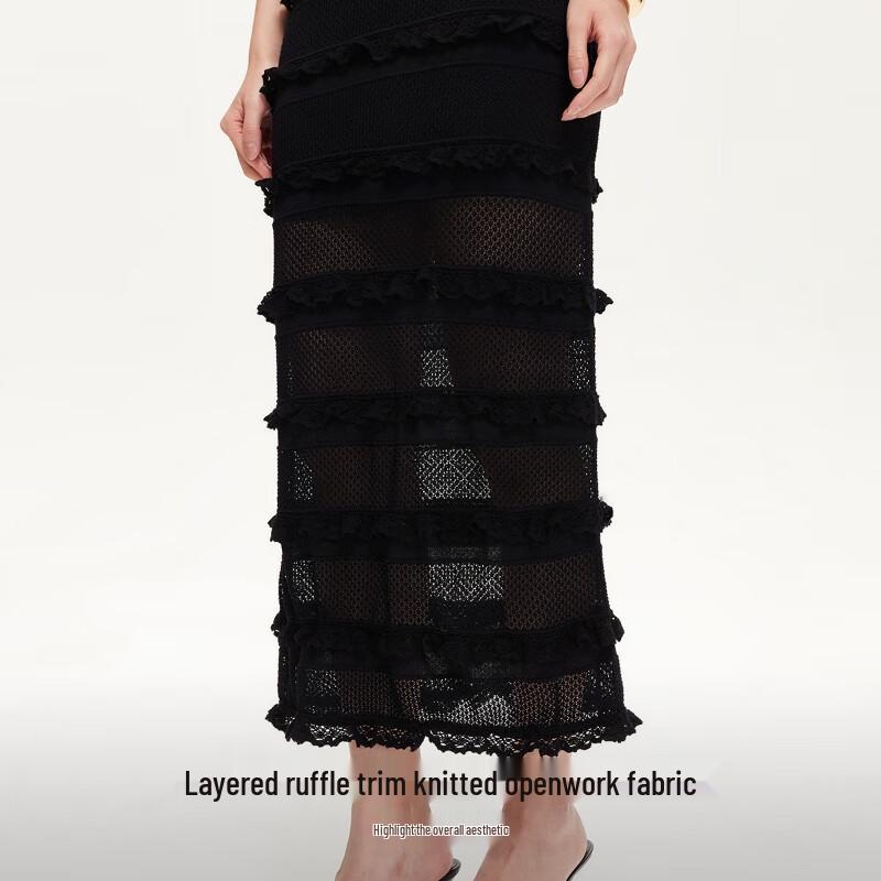 Veromoda Women's 2025 Spring Slim Fit Lace Ruffle Little Black Dress