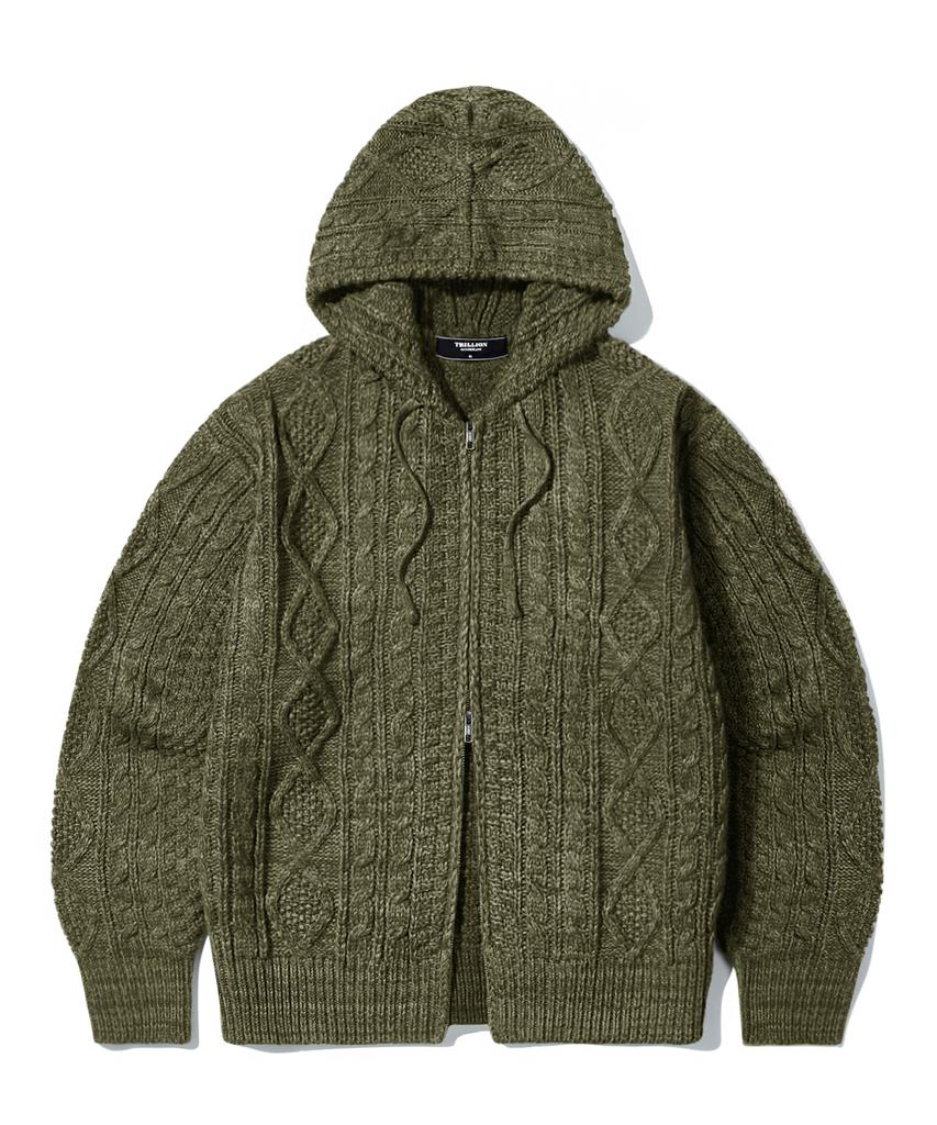 TRILLION Washable Aran Cable Hooded Zip-Up Knit (Khaki)