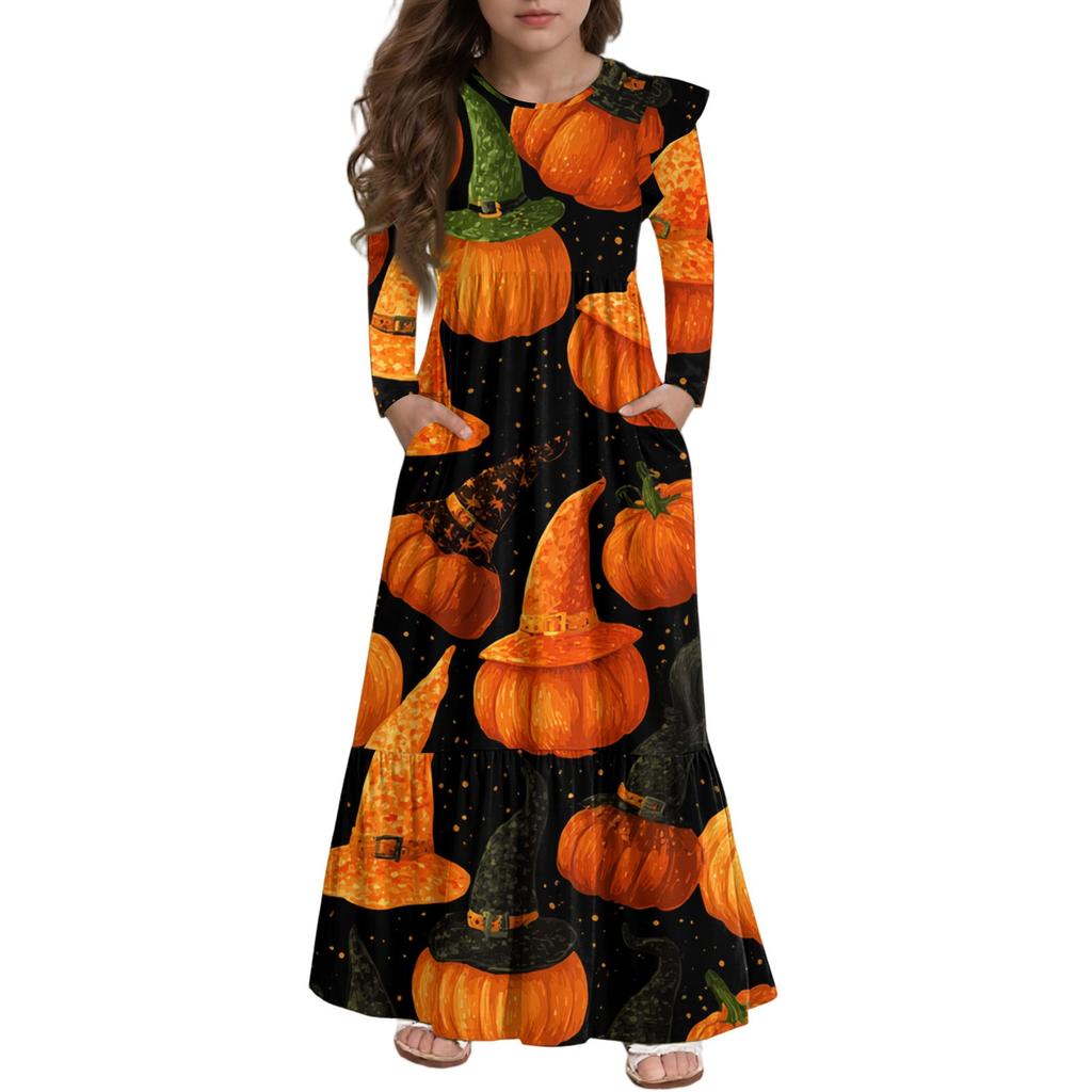 Girls' Tiered Ruffle Dress Halloween Day - Long Sleeve Printed Maxi With Pockets