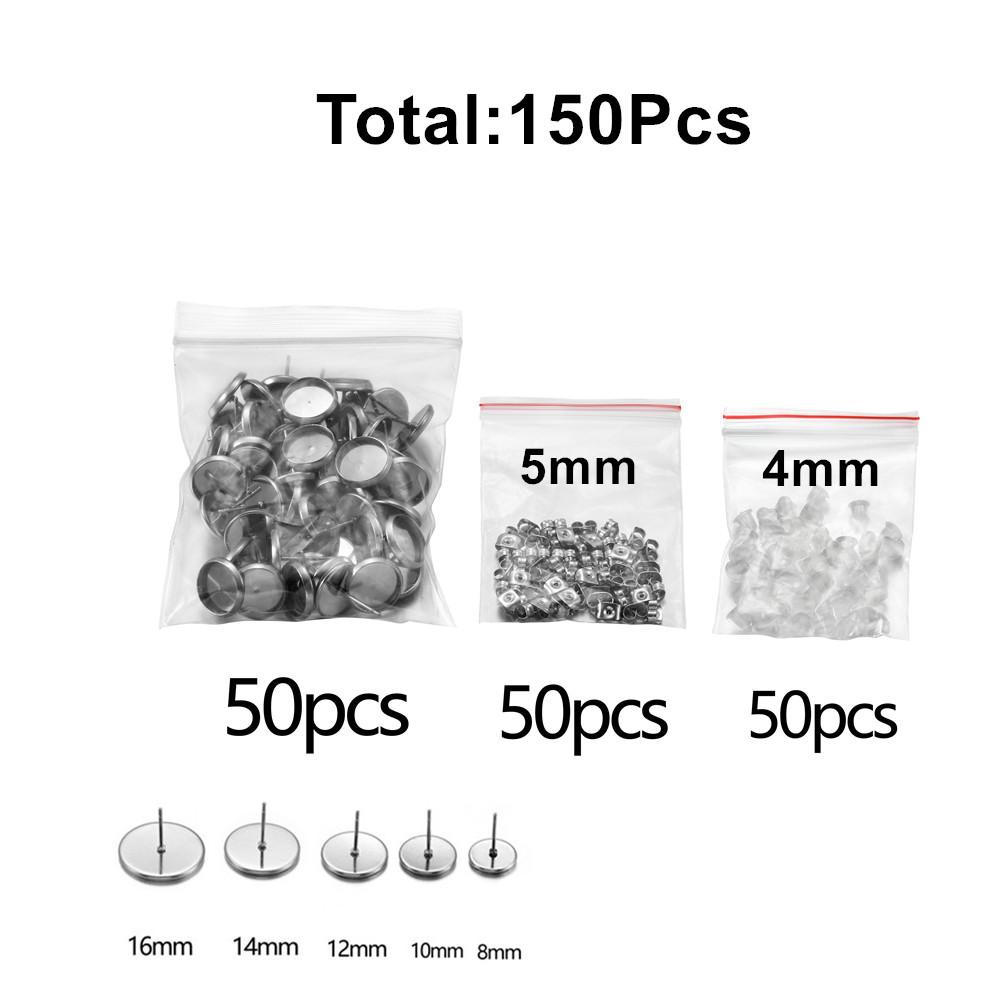 

150Pcs/lot 8-25mm Stainless Steel Blank Cabochons Earring Studs With EarPlugs Silicone Earplug Ear Back For DIY Jewelry Making 8mm